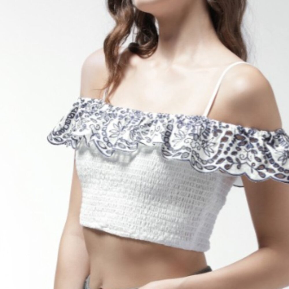 Embroidered Off Shoulder/Adjustable Strap Ruched Halter Top - Picture 2 of 14